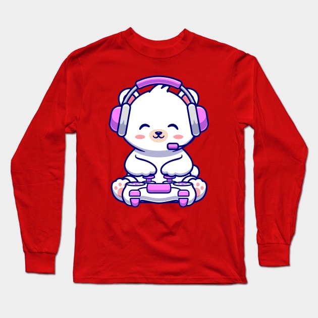 Cute Baby Polar Bear Gaming Cartoon Long Sleeve T-Shirt by Catalyst Labs